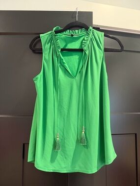 White House Black Market Green Tassel Ruffle Neck Sleeveless Top